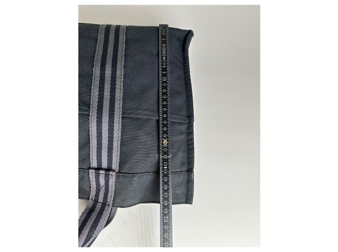 Hermès Vintage Hermes Canvas Tote Bag Schwarz Grau Gestreift - Ansicht 11