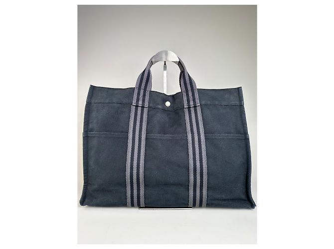 Hermès Vintage Hermes Canvas Tote Bag Schwarz Grau Gestreift - Ansicht 13
