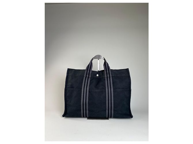 Hermès Vintage Hermes Canvas Tote Bag Schwarz Grau Gestreift - Ansicht 14