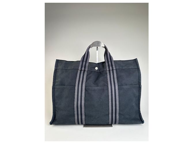 Hermès Vintage Hermes Canvas Tote Bag Schwarz Grau Gestreift - Ansicht 2