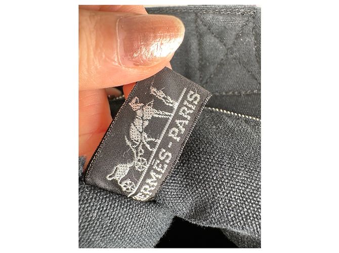 Hermès Vintage Hermes Canvas Tote Bag Schwarz Grau Gestreift - Ansicht 5