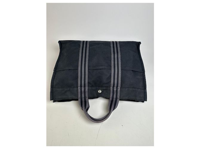 Hermès Vintage Hermes Canvas Tote Bag Schwarz Grau Gestreift - Ansicht 8