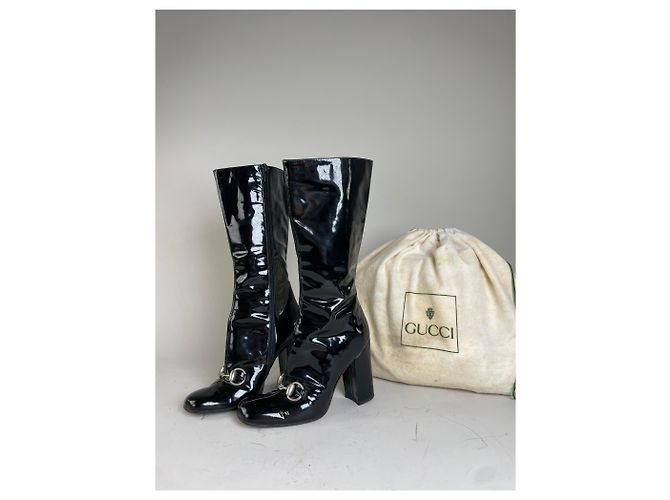 Stivali alti vintage Gucci in vernice nero e argento EU5 - vista 2