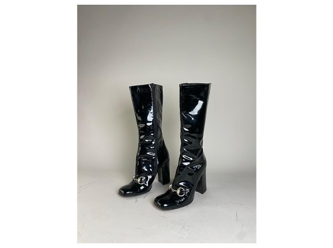 Stivali alti vintage Gucci in vernice nero e argento EU5 - vista 4