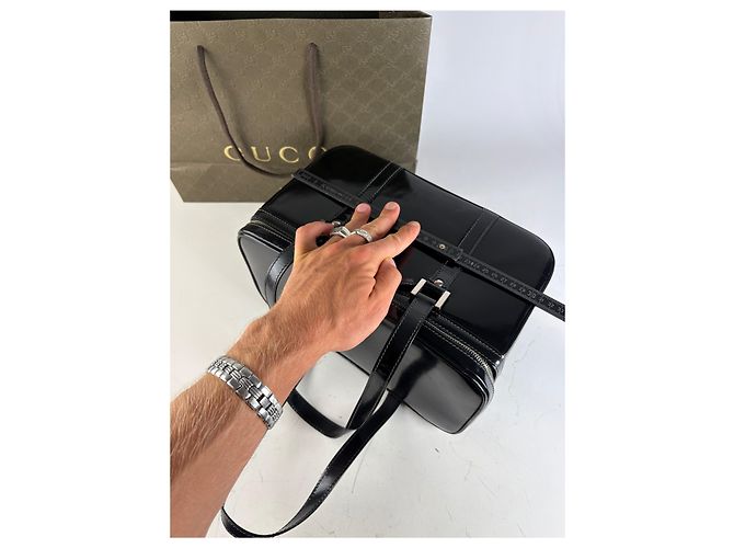 Tote Vintage Gucci in vernice nero e argento - vista 10