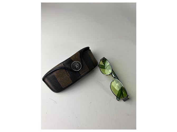 Baguette Vintage Fendi Logo Sunglasses Green Yellow Silver - view 12