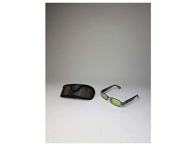Baguette Vintage Fendi Logo Sunglasses Green Yellow Silver - view 13