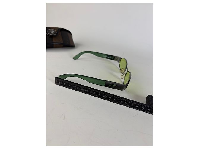 Baguette Vintage Fendi Logo Sunglasses Green Yellow Silver - view 6