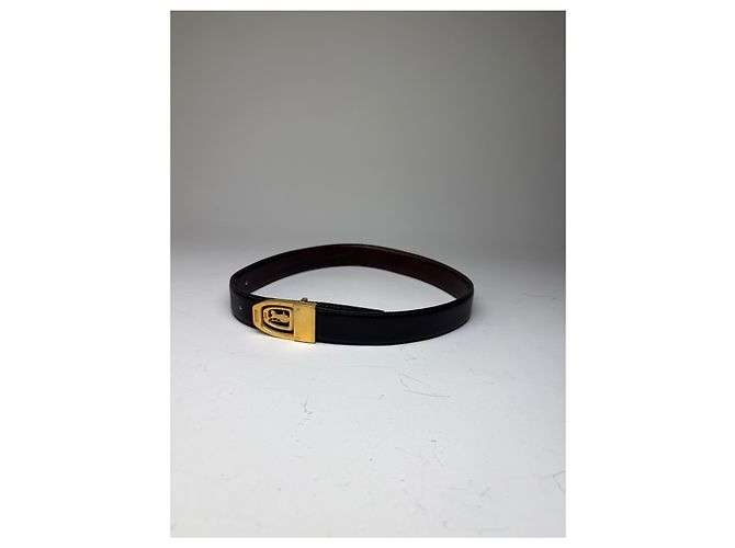 Edge Céline Vintage Celine Gürtel aus glattem Leder Schwarz Braun Goldene Schnalle - Ansicht 10