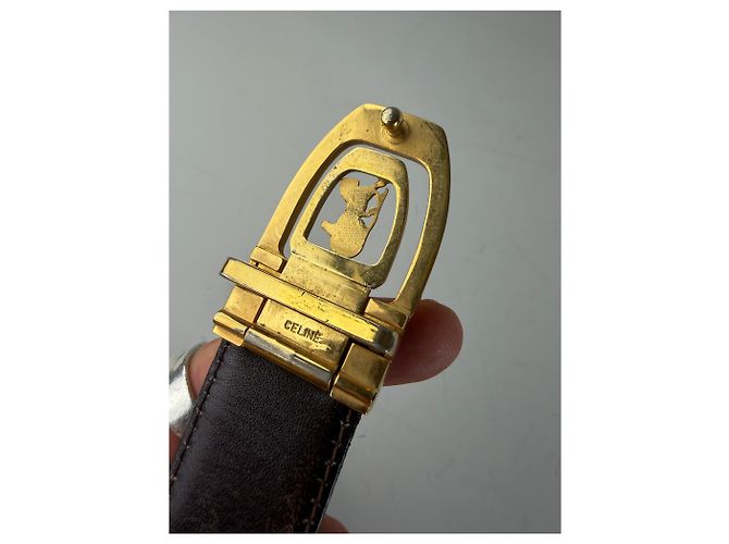 Edge Céline Vintage Celine Gürtel aus glattem Leder Schwarz Braun Goldene Schnalle - Ansicht 4
