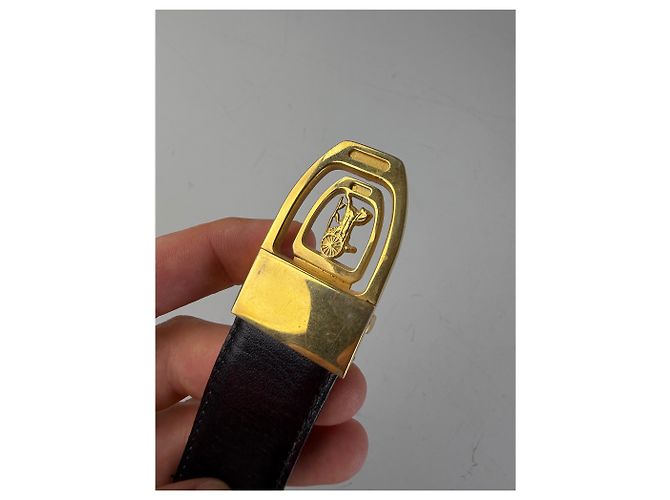 Edge Céline Vintage Celine Gürtel aus glattem Leder Schwarz Braun Goldene Schnalle - Ansicht 6