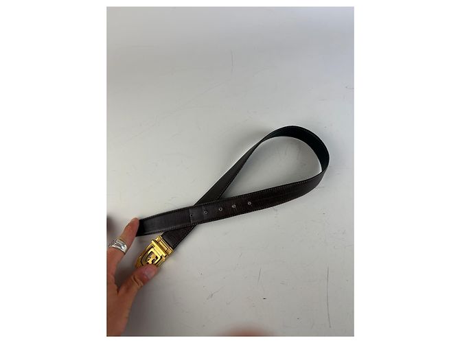 Edge Céline Vintage Celine Gürtel aus glattem Leder Schwarz Braun Goldene Schnalle - Ansicht 7