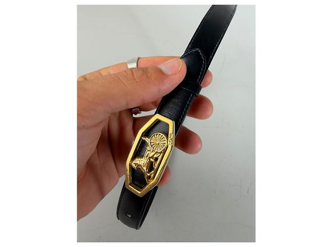 Céline Vintage Celine Ledergürtel mit Pferd & Kutsche Schnalle Schwarz Gold - Ansicht 2