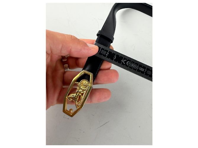 Céline Vintage Celine Ledergürtel mit Pferd & Kutsche Schnalle Schwarz Gold - Ansicht 8