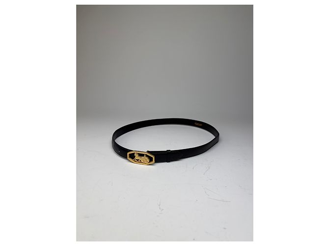 Céline Vintage Celine Ledergürtel mit Pferd & Kutsche Schnalle Schwarz Gold - Ansicht 9
