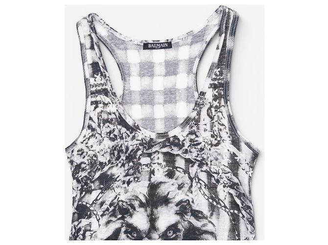 Top sin mangas Balmain by Olivier Rousteing SS13 Checkered Lion Print Blanco - vista 3