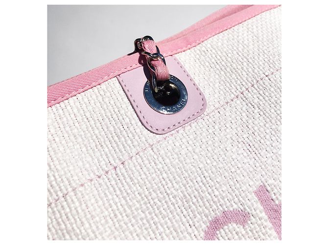 Borsa shopper Chanel Deauville in paglia di rafia bianca e pelle rosa - vista 9
