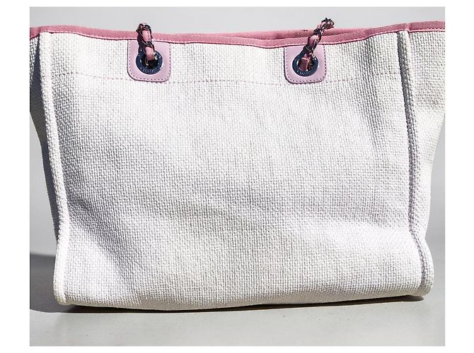 Borsa shopper Chanel Deauville in paglia di rafia bianca e pelle rosa - vista 10