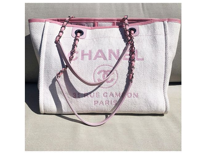 Borsa shopper Chanel Deauville in paglia di rafia bianca e pelle rosa - vista 2