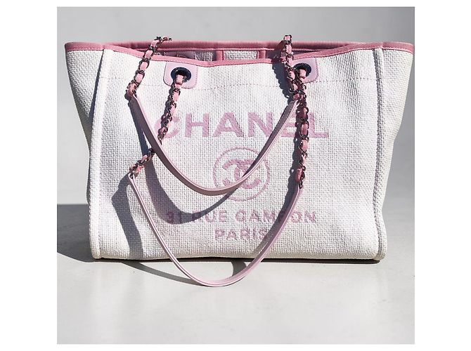 Borsa shopper Chanel Deauville in paglia di rafia bianca e pelle rosa - vista 3