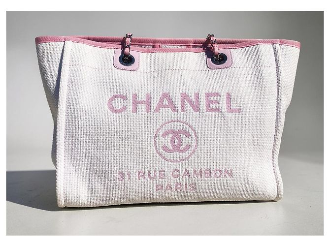 Borsa shopper Chanel Deauville in paglia di rafia bianca e pelle rosa - vista 5