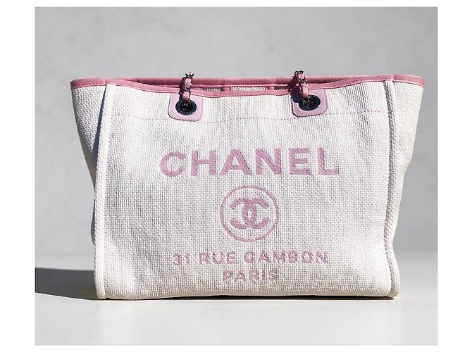 Borsa shopper Chanel Deauville in paglia di rafia bianca e pelle rosa - vista 7