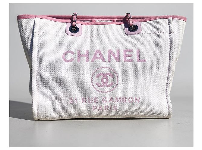 Borsa shopper Chanel Deauville in paglia di rafia bianca e pelle rosa - vista 8