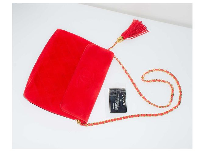 Chanel Classica Matelassé Borsa a Tracolla in Pelle Scamosciata Rossa con Nappa Rosso - vista 10