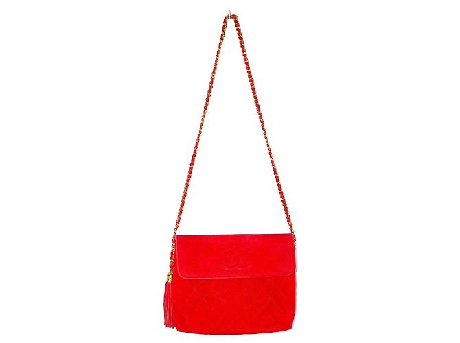 Chanel Classica Matelassé Borsa a Tracolla in Pelle Scamosciata Rossa con Nappa Rosso - vista 2