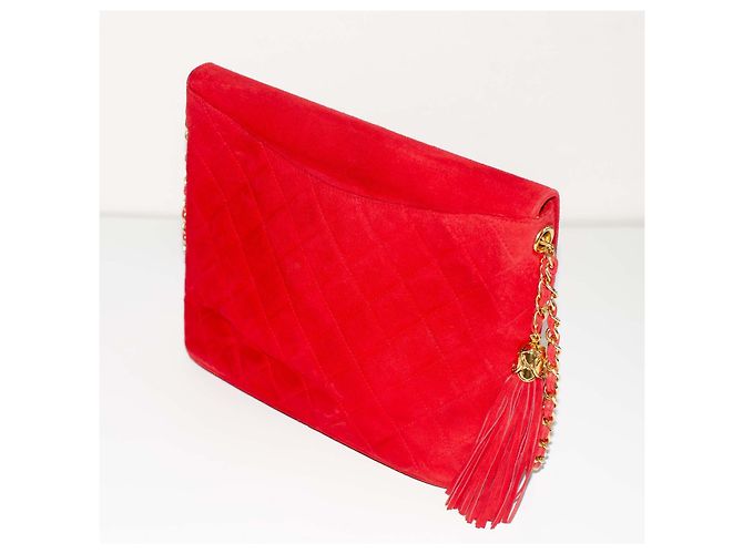 Chanel Classica Matelassé Borsa a Tracolla in Pelle Scamosciata Rossa con Nappa Rosso - vista 4
