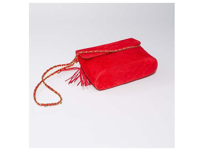 Chanel Classica Matelassé Borsa a Tracolla in Pelle Scamosciata Rossa con Nappa Rosso - vista 5