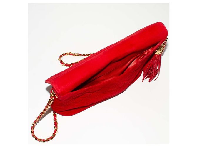 Chanel Classica Matelassé Borsa a Tracolla in Pelle Scamosciata Rossa con Nappa Rosso - vista 6
