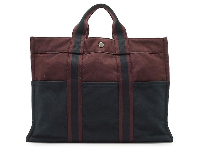 Hermès Borsa Fourre Tout MM in tela di cotone bordeaux e nero Hermes Bordò - vista 2