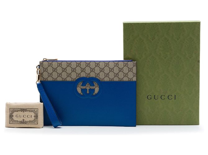 Clutch Interlocking Cut Out in GG Supreme beige e pelle di vitello Gucci - vista 7