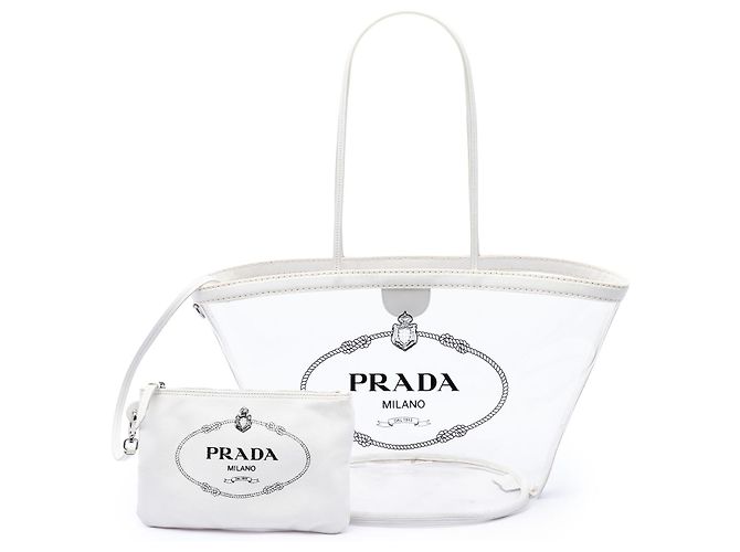 Tote Borsa shopper Prada in PVC bianco Canapa con logo - vista 7