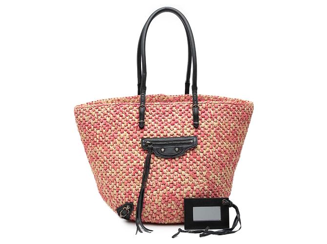 Borsa Balenciaga Pink Raffia Motocross Classic Panier Basket Rosa - vista 7