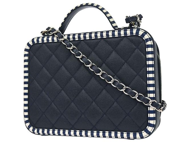 Chanel Filigree Vanity Case Quilted Caviar mit gestreiftem Leder Small Marineblau - Ansicht 2
