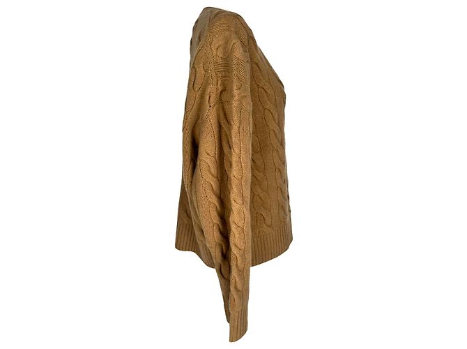 Polo Ralph Lauren V-Ausschnitt Strickpullover aus Camel-Wolle mit Zopfmuster Gelb Kamel - Ansicht 2