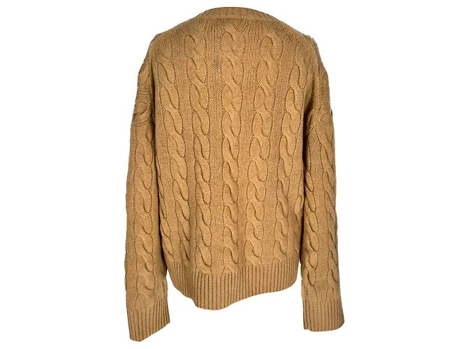 Polo Ralph Lauren V-Ausschnitt Strickpullover aus Camel-Wolle mit Zopfmuster Gelb Kamel - Ansicht 3