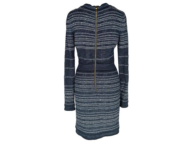 Mini abito Balmain con scollo a V a righe in viscosa blu Blu chiaro - vista 4