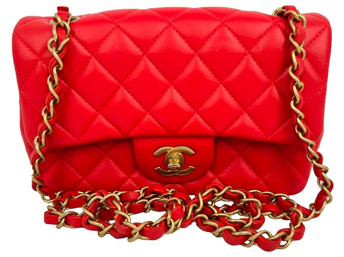 Timeless Borsa a tracolla Chanel Mini Classic Single Flap in pelle di agnello rossa Rosso Bordò - vista 2
