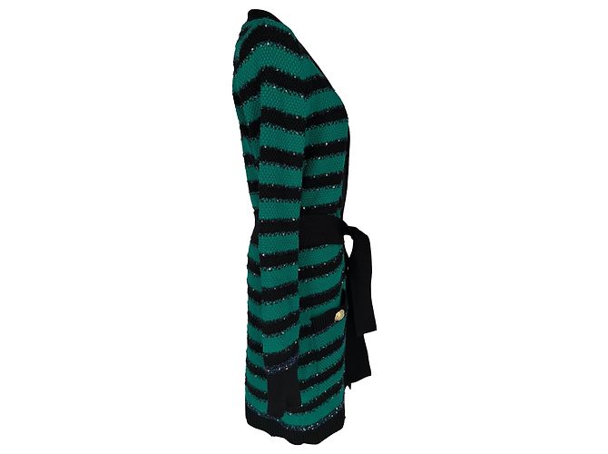 Balmain Gestreifter Cardigan mit langem Gürtel aus grüner Viskose - Ansicht 2