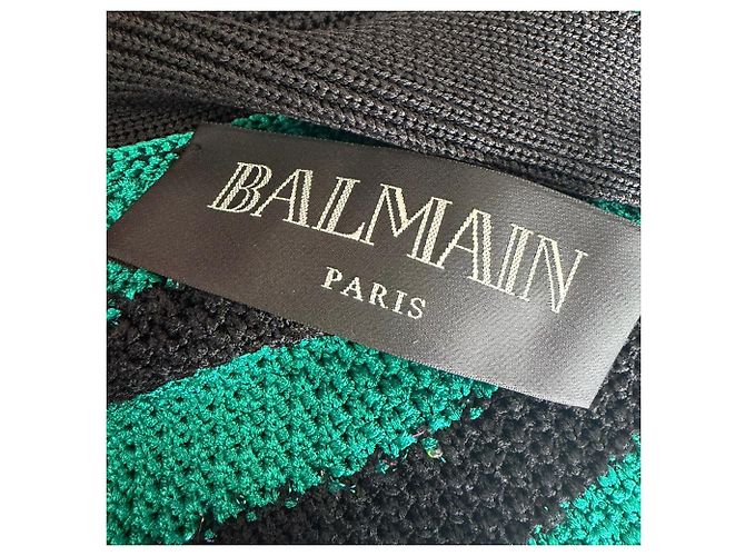 Balmain Gestreifter Cardigan mit langem Gürtel aus grüner Viskose - Ansicht 6
