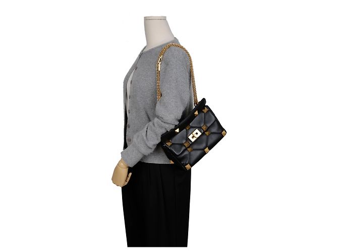 Valentino Borsa Tote e a Spalla in Pelle Grena Roman Stud Nera Nero - vista 11