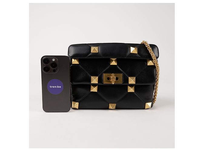 Valentino Borsa Tote e a Spalla in Pelle Grena Roman Stud Nera Nero - vista 7