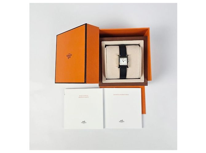 Hermès Heure Uhr Kleines Modell Silberfarbe Epsom Calfskin Armband Schwarz - Ansicht 10