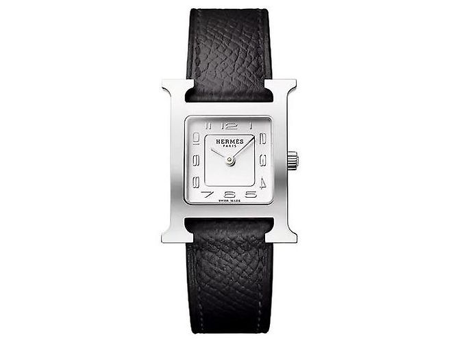 Hermès Heure Uhr Kleines Modell Silberfarbe Epsom Calfskin Armband Schwarz - Ansicht 2