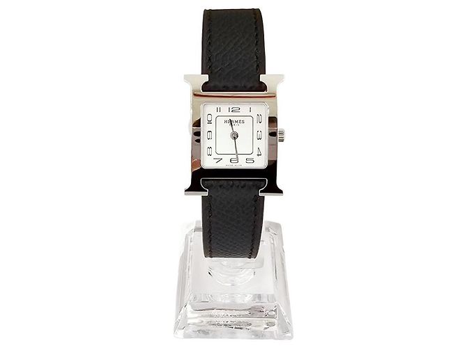 Hermès Heure Uhr Kleines Modell Silberfarbe Epsom Calfskin Armband Schwarz - Ansicht 3