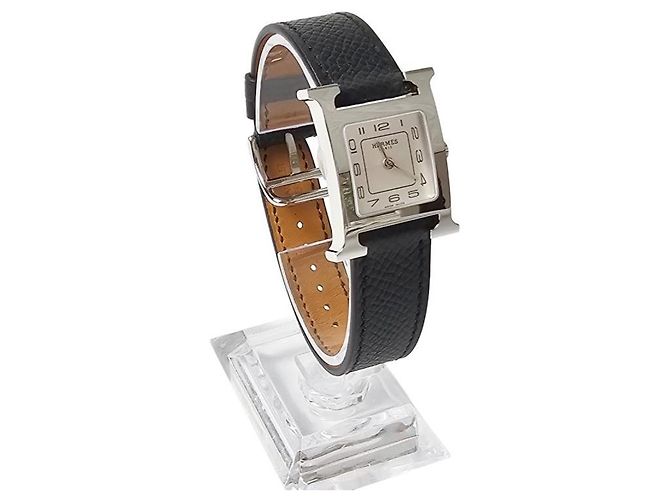 Hermès Heure Uhr Kleines Modell Silberfarbe Epsom Calfskin Armband Schwarz - Ansicht 4