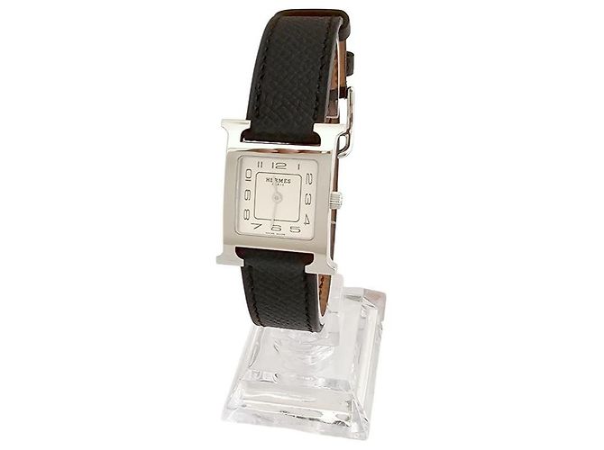 Hermès Heure Uhr Kleines Modell Silberfarbe Epsom Calfskin Armband Schwarz - Ansicht 5